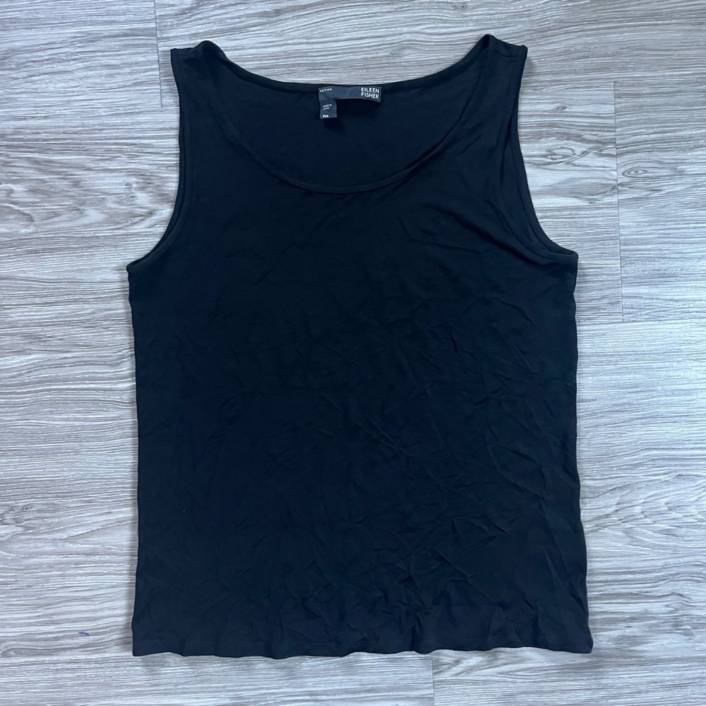Eileen Fisher Petite Black 100% Silk Jersey Scoop Neck Tank Top PM EEGK
